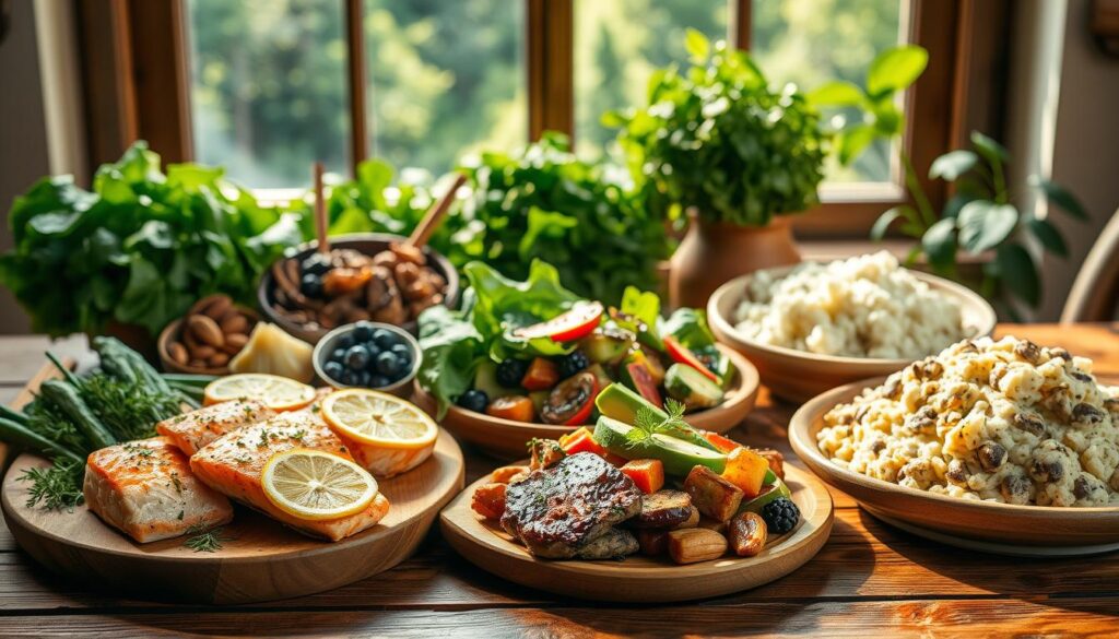 A visually appetizing keto menu presented on a rustic wooden table. In the foreground, a selection of keto-friendly dishes - grilled salmon with lemon and herbs, a hearty steak salad with avocado and roasted vegetables, and a creamy mushroom cauliflower rice dish. The middle ground features various low-carb ingredients like leafy greens, nuts, berries, and healthy fats. The background showcases a natural, sunlit setting with a window view of lush greenery, conveying a sense of health and vitality. The lighting is warm and inviting, enhancing the appetizing presentation of the keto-friendly meal options.