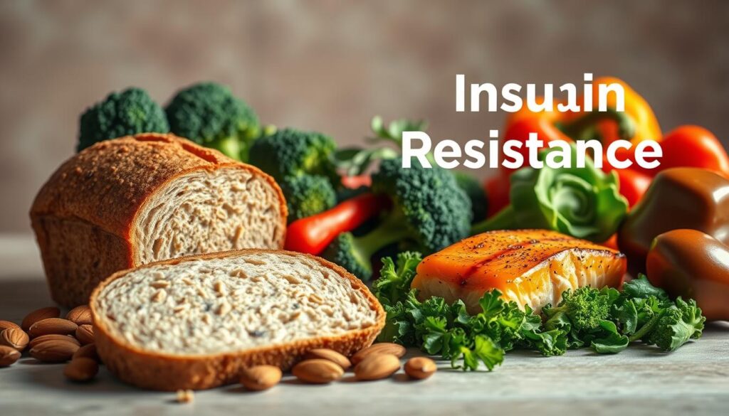 A visually engaging, well-balanced image showcasing the relationship between insulin resistance and diet. In the foreground, a slice of whole-grain bread, a handful of almonds, and a portion of grilled salmon set against a soft, muted background. The middle ground features an assortment of fresh vegetables, including broccoli, spinach, and bell peppers, arranged in a harmonious composition. The background subtly incorporates elements that represent the concept of insulin resistance, such as a molecular diagram or a graphical representation of blood glucose levels. The lighting is warm and natural, creating a sense of wholesome, nourishing atmosphere. The overall mood is one of balance, health, and the importance of a well-designed dietary approach in addressing insulin resistance. Prompt A visually engaging, well-balanced image showcasing the relationship between insulin resistance and diet. In the foreground, a slice of whole-grain bread, a handful of almonds, and a portion of grilled salmon set against a soft, muted background. The middle ground features an assortment of fresh vegetables, including broccoli, spinach, and bell peppers, arranged in a harmonious composition. The background subtly incorporates elements that represent the concept of insulin resistance, such as a molecular diagram or a graphical representation of blood glucose levels. The lighting is warm and natural, creating a sense of wholesome, nourishing atmosphere. The overall mood is one of balance, health, and the importance of a well-designed dietary approach in addressing insulin resistance. Prompt