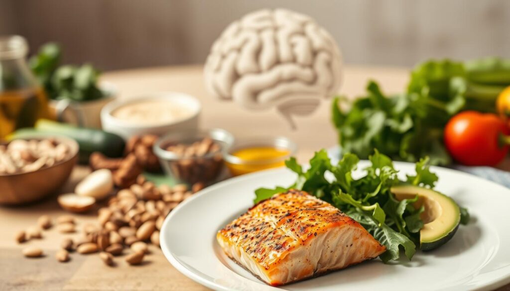 A visually striking and informative image of the keto diet. In the foreground, a plate with a keto-friendly meal - grilled salmon, avocado, and a side of leafy greens. In the middle ground, various keto-approved ingredients like nuts, seeds, olive oil, and low-carb vegetables. The background features a soft, blurred image of the human brain, symbolizing the cognitive benefits of the ketogenic diet. The lighting is natural and warm, creating a clean, appetizing atmosphere. The overall composition and color palette convey the balance, simplicity, and health-focused nature of the keto lifestyle.