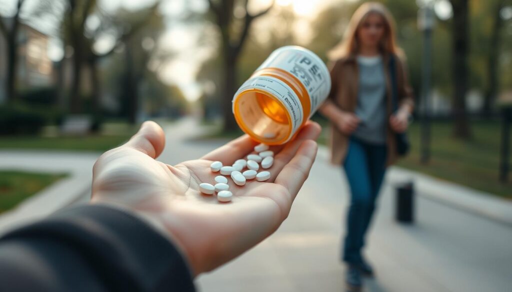 A well-lit close-up shot of a person's hand carefully dispensing pills from a prescription bottle onto the palm, with a blurred background of a person walking in a park or urban setting. The focus should be on the delicate handling of the medication, conveying the importance of properly taking antibiotics while also being able to enjoy a brief walk outdoors. Soft, natural lighting that highlights the texture of the pills and skin, with a shallow depth of field to draw the viewer's attention to the central action. An atmosphere of mindfulness and responsibility regarding the use of antibiotics.