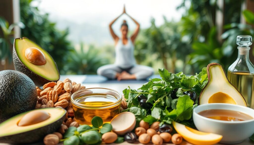 A well-lit, high-resolution image showcasing the ketogenic diet. In the foreground, an array of low-carb, high-fat foods including avocado, nuts, olive oil, and leafy greens. In the middle ground, a person performing a light exercise like yoga or pilates, representing the importance of physical activity on the keto diet. The background features a serene, natural setting with lush greenery, suggesting the balanced and holistic nature of the diet. The overall mood is calm, healthy, and aspirational, capturing the essence of the keto diet for the intended audience.