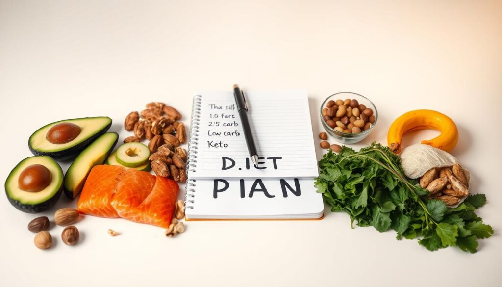 A well-organized ketogenic diet plan laid out on a clean, minimalist surface. In the foreground, a neatly arranged selection of low-carb, high-fat foods like avocados, salmon, nuts, and leafy greens. The middle ground features a notebook with handwritten notes and a pen, symbolizing the planning and tracking aspects of the diet. The background has a soft, warm lighting, creating a serene and focused atmosphere. The overall composition conveys a sense of structure, balance, and simplicity, reflecting the key principles of an effective ketogenic diet plan.