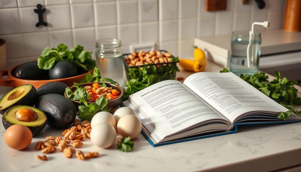 A well-stocked kitchen counter with an assortment of fresh, organic ingredients, including avocados, eggs, nuts, leafy greens, and a glass of water. A sleek, modern cookbook open to a page on the ketogenic diet, providing guidance and recipes. Soft, natural lighting illuminates the scene, creating a calming, inviting atmosphere. The overall composition suggests a sense of preparation and intention, reflecting the theme of "How to prepare for the keto diet".