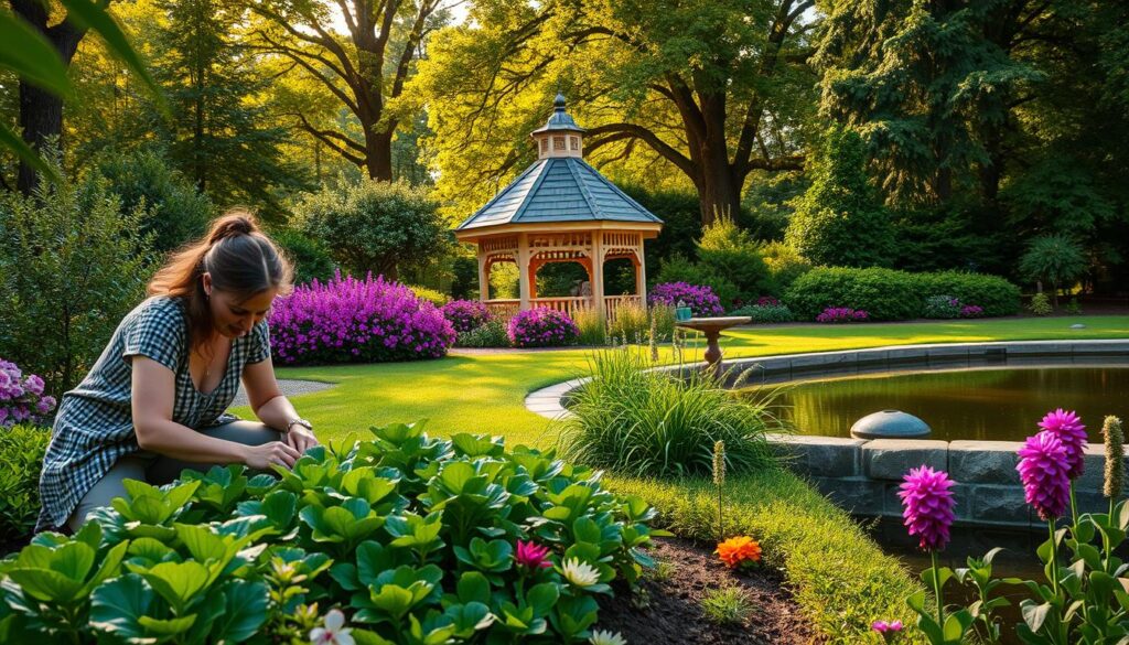An idyllic garden scene with lush greenery, vibrant flowers, and a tranquil pond. In the foreground, a person tenderly tending to a thriving vegetable patch, their face serene as they work the soil. In the middle ground, a picturesque gazebo surrounded by blooming shrubs, inviting the viewer to pause and savor the soothing atmosphere. The background features a verdant canopy of trees, filtering warm, golden sunlight that casts a gentle glow over the entire scene. The overall mood is one of peace, contentment, and the restorative power of nature.