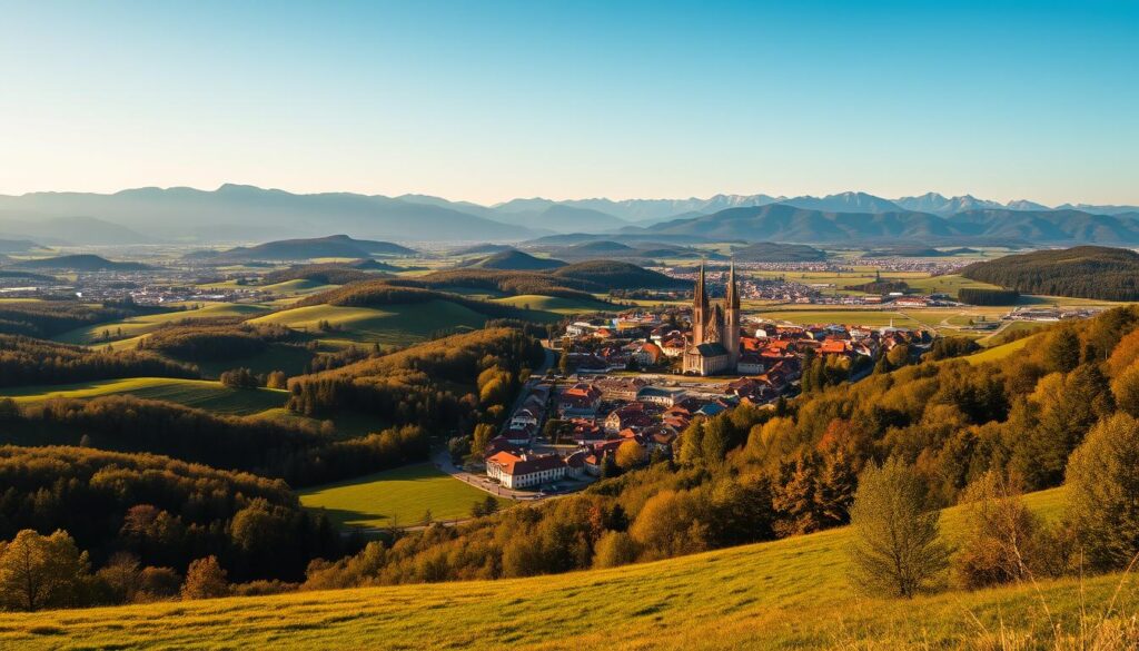 Panoramic landscape of Kudowa-Zdrój, a picturesque town nestled in the Sudetes Mountains. A wide-angle shot captures the sweeping vistas, with rolling green hills and dense forests in the foreground, leading up to the majestic peaks in the distance. The scene is bathed in warm, golden sunlight, casting a soft, dreamlike glow over the entire landscape. In the middle ground, the town's historic architecture and charming streets come into focus, inviting the viewer to explore the quaint, charming setting. The composition is balanced, with the mountains serving as a dramatic backdrop to the idyllic town below. An atmospheric, postcard-worthy image that captures the serene beauty and tranquility of Kudowa-Zdrój. Panoramic landscape of Kudowa-Zdrój, a picturesque town nestled in the Sudetes Mountains. A wide-angle shot captures the sweeping vistas, with rolling green hills and dense forests in the foreground, leading up to the majestic peaks in the distance. The scene is bathed in warm, golden sunlight, casting a soft, dreamlike glow over the entire landscape. In the middle ground, the town's historic architecture and charming streets come into focus, inviting the viewer to explore the quaint, charming setting. The composition is balanced, with the mountains serving as a dramatic backdrop to the idyllic town below. An atmospheric, postcard-worthy image that captures the serene beauty and tranquility of Kudowa-Zdrój.