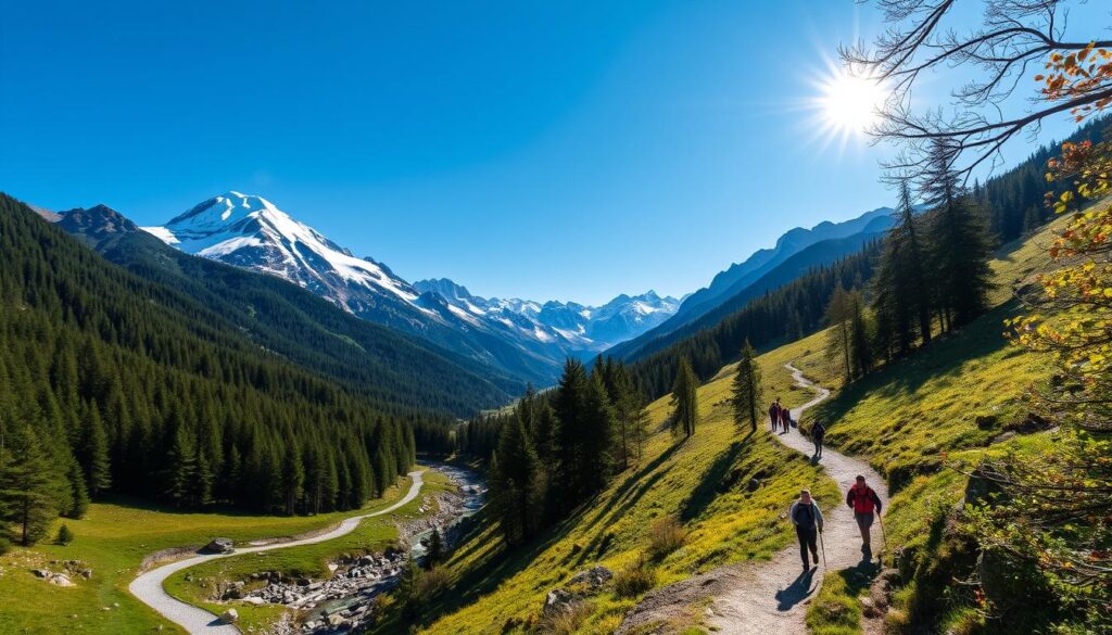 Soaring peaks of the Tatra Mountains, capped with pristine snow, rise majestically against a crisp, azure sky. Lush, verdant forests carpet the rolling slopes, their canopies casting dappled shadows upon the winding trails below. A meandering stream cuts through the landscape, its crystal-clear waters reflecting the grandeur of the surrounding peaks. Hikers traverse the well-marked paths, their footsteps crunching on the gravel and fallen leaves. Sunlight filters through the overhead branches, creating a warm, inviting atmosphere that beckons exploration. The Tatra Mountains, a natural wonder, offer a captivating escape into the heart of Poland's stunning alpine wilderness.