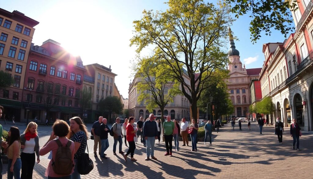 Vibrant cityscapes of Łódź, Poland, capturing the essence of discovery. A panoramic scene showcasing the city's architectural gems, from the striking Manufaktura complex to the towering Piotrkowska Street. Sunlight filters through the trees, casting a warm glow on the cobblestone pathways, inviting pedestrians to explore. In the foreground, a group of curious visitors admire the ornate facades, while in the distance, the iconic Poznanski Palace stands tall, a testament to the city's rich history. The image conveys a sense of adventure and wonder, perfectly encapsulating the essence of "Spacer po Łodzi – ciekawe miejsca do odkrycia".