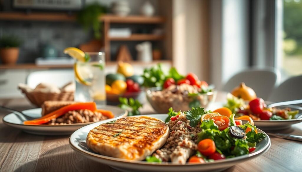 A balanced light diet scene, showcasing a beautifully arranged table filled with wholesome, light meals. In the foreground, a colorful plate featuring grilled chicken, steamed vegetables, and a quinoa salad, garnished with herbs. The middle ground features a glass of infused water with lemon and mint, alongside a bowl of fresh fruit like berries and oranges. The background shows a softly blurred kitchen setting with natural light streaming through a window, highlighting the freshness of the ingredients. The mood is bright and inviting, evoking a sense of health and well-being. A wide-angle lens captures the depth of the scene, ensuring a warm atmosphere conducive to a balanced healthy lifestyle.