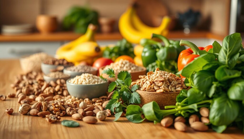 A beautifully arranged assortment of FODMAP-friendly foods on a wooden kitchen table. In the foreground, feature vibrant green vegetables like spinach, zucchini, and bell peppers, alongside a variety of nuts such as walnuts and almonds. The middle ground showcases whole grains like quinoa and rice, with fresh herbs in small bowls, adding a splash of color. In the background, softly blurred, there are larger items like ripe bananas and blueberries, hinting at a healthy lifestyle. Golden soft lighting warms the scene, creating a welcoming atmosphere of nourishment and wellness. The photo should have a shallow depth of field, focusing on the food while keeping the background gentle and inviting. Emphasize a natural, wholesome vibe, devoid of any text or signatures.