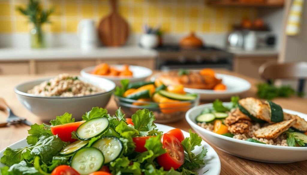 A beautifully arranged dining table showcasing a variety of healthy, low-FODMAP meals. In the foreground, a vibrant salad featuring fresh greens, sliced cucumbers, and cherry tomatoes drizzled with olive oil. Next to it, a bowl of quinoa topped with steamed zucchini and grilled chicken. In the middle, a plate of baked salmon garnished with herbs and a side of roasted carrots. The background features a softly lit kitchen with warm yellow tones, adding a cozy atmosphere. A subtle lens blur provides a depth-of-field effect, emphasizing the dishes while keeping the kitchen context visible. The overall mood is inviting and wholesome, perfect for illustrating healthy eating without FODMAPs.