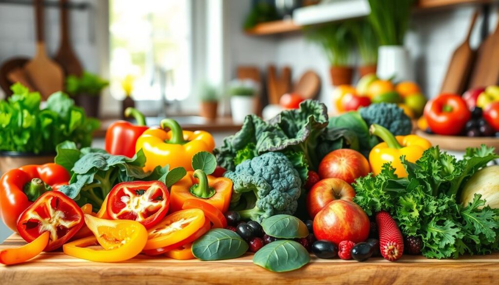 A beautifully arranged display of fresh vegetables and fruits suitable for the Dąbrowska diet, prominently featuring colorful bell peppers, leafy greens like spinach and kale, and vibrant fruits such as apples and berries. In the foreground, a wooden cutting board shows the vibrant produce artfully sliced and arranged, highlighting their natural colors. The middle ground showcases a rustic kitchen setting with natural lighting streaming in through a window, creating a warm and inviting atmosphere. The background features subtle hints of kitchen utensils and herbs in pots, enhancing the homely feel. The mood is fresh, healthy, and nurturing, conveying a sense of vitality and well-being that aligns with the principles of the Dąbrowska diet. No text, captions, or branding elements present. A beautifully arranged display of fresh vegetables and fruits suitable for the Dąbrowska diet, prominently featuring colorful bell peppers, leafy greens like spinach and kale, and vibrant fruits such as apples and berries. In the foreground, a wooden cutting board shows the vibrant produce artfully sliced and arranged, highlighting their natural colors. The middle ground showcases a rustic kitchen setting with natural lighting streaming in through a window, creating a warm and inviting atmosphere. The background features subtle hints of kitchen utensils and herbs in pots, enhancing the homely feel. The mood is fresh, healthy, and nurturing, conveying a sense of vitality and well-being that aligns with the principles of the Dąbrowska diet. No text, captions, or branding elements present.