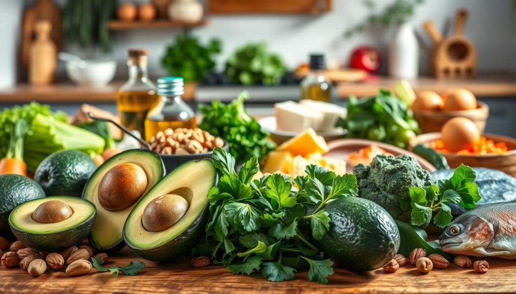 A beautifully arranged display of ketogenic foods, prominently featuring avocados, nuts, leafy greens, and fatty fish in the foreground. In the middle, a well-lit wooden table shows meal prep items like olive oil, eggs, and cheese. The background features a soft-focus kitchen setting with herbs and fresh produce adding warmth. The lighting is bright and inviting, casting gentle shadows on the table, suggesting a fresh, healthy lifestyle. The mood is vibrant and motivating, appealing to those interested in healthy eating habits. Use a slightly elevated angle to capture the entire scene, emphasizing the abundance of keto-friendly ingredients without any text or overlays. The colors are rich and natural, enhancing the appeal of the keto diet focus.