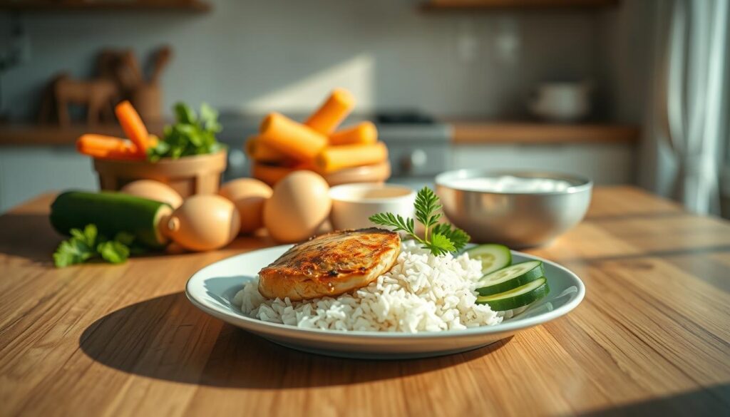 A beautifully arranged display of light and digestible food items suitable for a low-fiber diet before an ultrasound examination. In the foreground, showcase a vibrant plate featuring a small portion of steamed white rice, grilled chicken breast, and fresh cucumber slices, artfully garnished with a sprig of parsley. In the middle, include an array of allowed foods such as soft-boiled eggs, cooked carrots, and plain yogurt, all arranged harmoniously on a wooden kitchen table. The background reveals a softly blurred kitchen setting bathed in natural daylight, highlighting a serene and inviting atmosphere. The overall mood is calm and inviting, emphasizing health and wellness, captured in a warm color palette with gentle shadows for an aesthetic touch.