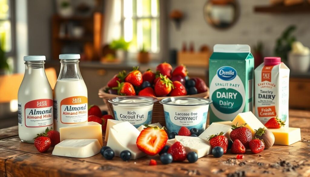 A beautifully arranged display of safe dairy products tailored for a lactose-free diet. In the foreground, focus on a variety of labeled dairy alternatives—creamy almond milk, rich coconut yogurt, and slices of lactose-free cheese, all presented on a rustic wooden table. The middle ground features fresh fruits, including strawberries and blueberries, artfully scattered around, creating a vibrant contrast. In the background, soft natural lighting filters in through a window, illuminating the scene and casting gentle shadows. The overall atmosphere is fresh and inviting, evoking a sense of health and well-being. The image should have a warm color palette, emphasizing the wholesome nature of these products, without any text or branding.