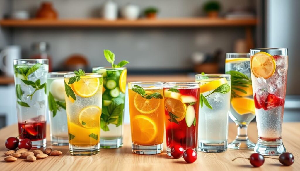 A beautifully arranged display of the best drinks for managing gout, featuring a selection of refreshing beverages. In the foreground, several colorful glasses of herbal teas, infused water with fruits like lemon and cucumber, and a sparkling mineral water. Each drink is garnished with fresh herbs like mint or basil. The middle ground showcases a wooden table with a clean, natural appearance, surrounded by subtle hints of healthy snacks like almonds and cherries. The background includes a soft-focus kitchen or dining area, warmly lit to create an inviting atmosphere. The image conveys a sense of health and wellness, emphasizing the importance of hydration in a gout-friendly diet. A beautifully arranged display of the best drinks for managing gout, featuring a selection of refreshing beverages. In the foreground, several colorful glasses of herbal teas, infused water with fruits like lemon and cucumber, and a sparkling mineral water. Each drink is garnished with fresh herbs like mint or basil. The middle ground showcases a wooden table with a clean, natural appearance, surrounded by subtle hints of healthy snacks like almonds and cherries. The background includes a soft-focus kitchen or dining area, warmly lit to create an inviting atmosphere. The image conveys a sense of health and wellness, emphasizing the importance of hydration in a gout-friendly diet.