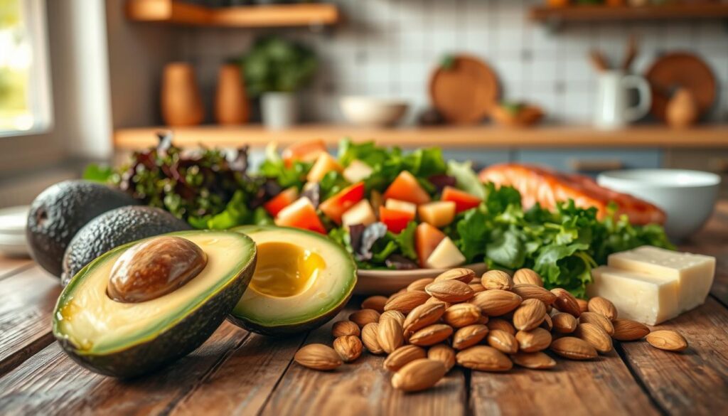 A beautifully arranged keto meal spread on a rustic wooden table, featuring vibrant ingredients like avocados, leafy greens, fatty fish, nuts, and cheese. In the foreground, a sliced avocado and a handful of almonds are artfully positioned, showcasing their rich textures. In the middle, a vibrant salad with a variety of colorful vegetables, drizzled with olive oil, adds a fresh touch. The background includes a softly blurred kitchen setting with warm, natural lighting, creating an inviting and healthy atmosphere. This setting conveys a sense of nourishment and vitality, ideal for illustrating a keto diet lifestyle. The overall mood is fresh, calm, and appetizing, capturing the essence of healthy eating on a ketogenic diet.