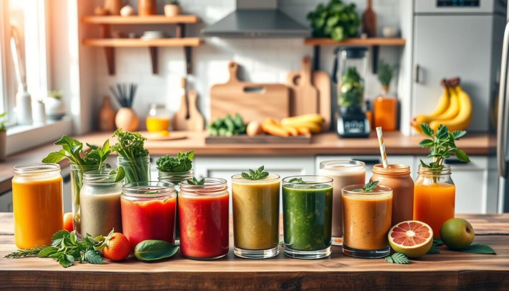 A beautifully arranged kitchen scene featuring a variety of colorful, healthy liquid diet recipes. In the foreground, a wooden table displays an assortment of vibrant smoothies, blended soups, and nutrient-rich juices in stylish glass jars, garnished with fresh herbs and fruits. The middle section showcases a countertop with a high-quality blender, cutting boards, and fresh produce like spinach, bananas, and carrots, emphasizing a creative cooking atmosphere. The background features warm, inviting kitchen decor with soft, natural lighting streaming in from a window, creating a cozy and inspiring mood for beginners exploring liquid diet recipes. The composition should capture the essence of health, freshness, and culinary creativity, ideal for a guided cooking experience.