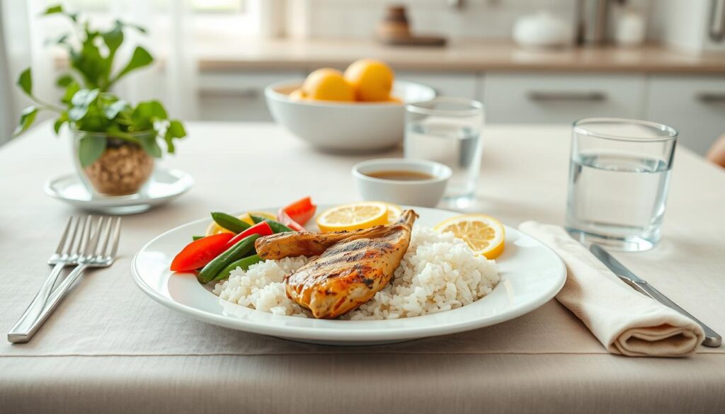 A beautifully arranged light meal table setting featuring a sample soft diet for patients before an X-ray examination. In the foreground, display a plate with steamed vegetables, plain rice, and grilled chicken, garnished with lemon slices. Include a small bowl of broth and a glass of clear juice beside it. In the middle, show a soft-colored tablecloth and a neatly folded napkin to create a welcoming atmosphere. The background should include subtle kitchen elements like a fruit bowl and soft lighting, evoking a calm and soothing environment. Use natural light to enhance the freshness of the food while keeping the overall mood professional and inviting, suitable for healthcare content. A beautifully arranged light meal table setting featuring a sample soft diet for patients before an X-ray examination. In the foreground, display a plate with steamed vegetables, plain rice, and grilled chicken, garnished with lemon slices. Include a small bowl of broth and a glass of clear juice beside it. In the middle, show a soft-colored tablecloth and a neatly folded napkin to create a welcoming atmosphere. The background should include subtle kitchen elements like a fruit bowl and soft lighting, evoking a calm and soothing environment. Use natural light to enhance the freshness of the food while keeping the overall mood professional and inviting, suitable for healthcare content.