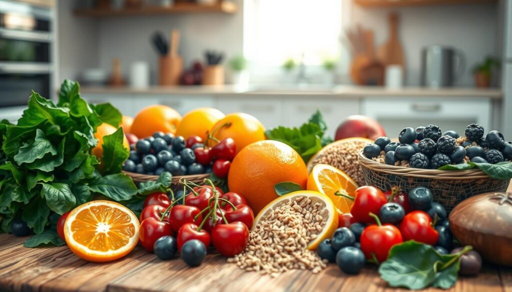 A beautifully arranged selection of allowed foods for a diet suitable for gout treatment. In the foreground, showcase a variety of fresh fruits such as cherries, blueberries, and oranges, vibrant and glistening with dewdrops. Include leafy greens like spinach and kale, along with whole grains like quinoa and brown rice artfully placed on a rustic wooden table. In the middle ground, feature a light, airy kitchen setting with soft, natural lighting streaming through a window, casting gentle shadows. Use a shallow depth of field to softly blur the kitchen while keeping the food items in clear focus. The overall atmosphere should be healthy, vibrant, and inviting, emphasizing a positive approach to dietary choices. No people are present in the image. A beautifully arranged selection of allowed foods for a diet suitable for gout treatment. In the foreground, showcase a variety of fresh fruits such as cherries, blueberries, and oranges, vibrant and glistening with dewdrops. Include leafy greens like spinach and kale, along with whole grains like quinoa and brown rice artfully placed on a rustic wooden table. In the middle ground, feature a light, airy kitchen setting with soft, natural lighting streaming through a window, casting gentle shadows. Use a shallow depth of field to softly blur the kitchen while keeping the food items in clear focus. The overall atmosphere should be healthy, vibrant, and inviting, emphasizing a positive approach to dietary choices. No people are present in the image.