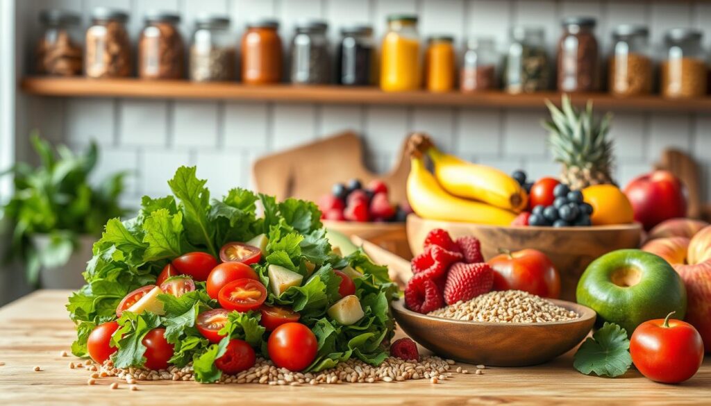 A beautifully arranged table featuring a variety of colorful, nutrient-rich foods to represent a nutritious diet. In the foreground, a vibrant, fresh salad bursting with greens, cherry tomatoes, and avocado, accompanied by whole grains like quinoa and brown rice. The middle ground showcases an array of fruits such as berries, bananas, and apples, artfully placed in a wooden bowl. In the background, soft, natural light filters through a window, illuminating jars of nuts, seeds, and legumes on a rustic kitchen shelf, creating a warm atmosphere. The image captures a sense of health and vitality, inviting viewers to explore the joy of a well-rounded, nutritious diet.
