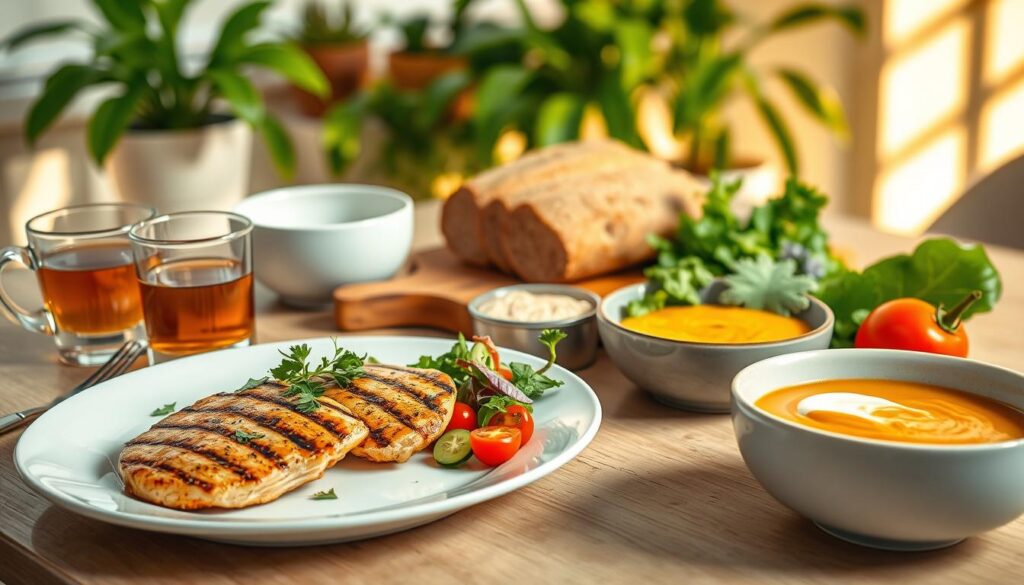 A beautifully arranged table set for a light diet meal plan, showcasing a healthy and visually appealing assortment of dishes. In the foreground, a plate of grilled chicken breast garnished with fresh herbs, accompanied by a colorful salad of mixed greens, cherry tomatoes, and cucumbers. Next to it, a bowl of creamy pumpkin soup with a swirl of yogurt, and a glass of herbal tea. In the middle ground, a decorative wooden cutting board displays whole grain bread and light dips like hummus and guacamole. The background features a softly lit kitchen with green plants, emphasizing a fresh atmosphere. The lighting is warm and inviting, creating a calming mood that suggests health and wellness, ideal for a dietary article.