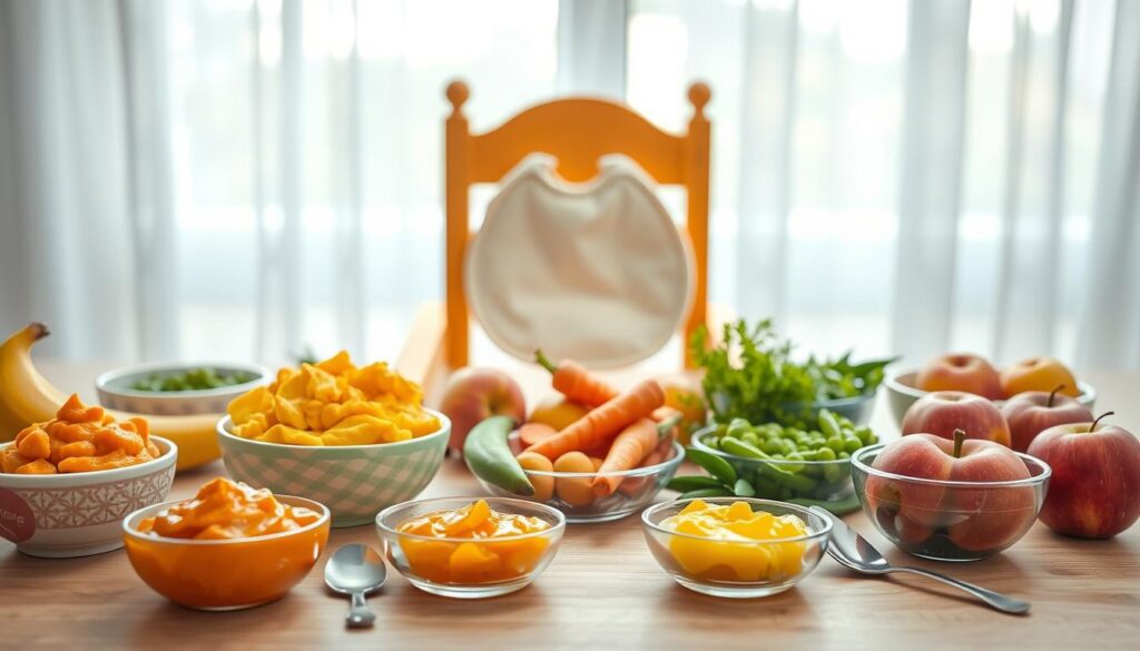 A beautifully arranged table showcasing a variety of healthy meals for infants. In the foreground, there are colorful, pureed fruits like mashed bananas, apples, and sweet potatoes in small, decorative bowls. A spoon rests beside each bowl, inviting and child-friendly. In the middle ground, focus on a vibrant wooden highchair with a plush bib, adding warmth to the scene. Fresh ingredients like peas, carrots, and apples are artistically placed around the highchair, highlighting the concept of fresh food preparation. The background features a soft, natural light filtering through sheer curtains, creating a bright and airy atmosphere. The setting exudes warmth and care, perfect for depicting the nurturing process of introducing solids to baby’s diet.
