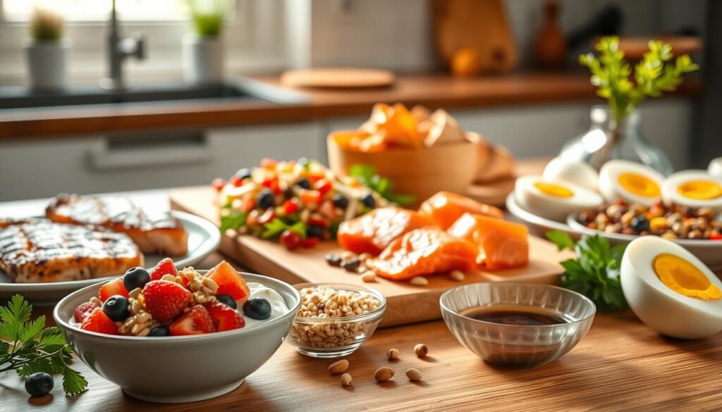 A beautifully arranged table showcasing a variety of high-protein foods, including grilled chicken breast, a colorful quinoa salad, fresh salmon fillets, and hard-boiled eggs. In the foreground, a vibrant bowl of Greek yogurt topped with berries and nuts adds a healthy touch. The middle features a cutting board with chopped vegetables and legumes, emphasizing healthy eating. In the background, soft natural light streams through a window, creating a warm and inviting atmosphere. The focus is sharp on the food, highlighting textures and colors, while a blurred kitchen setting adds depth. The mood is vibrant and energizing, perfect for a healthy lifestyle. No text or branding elements are present.