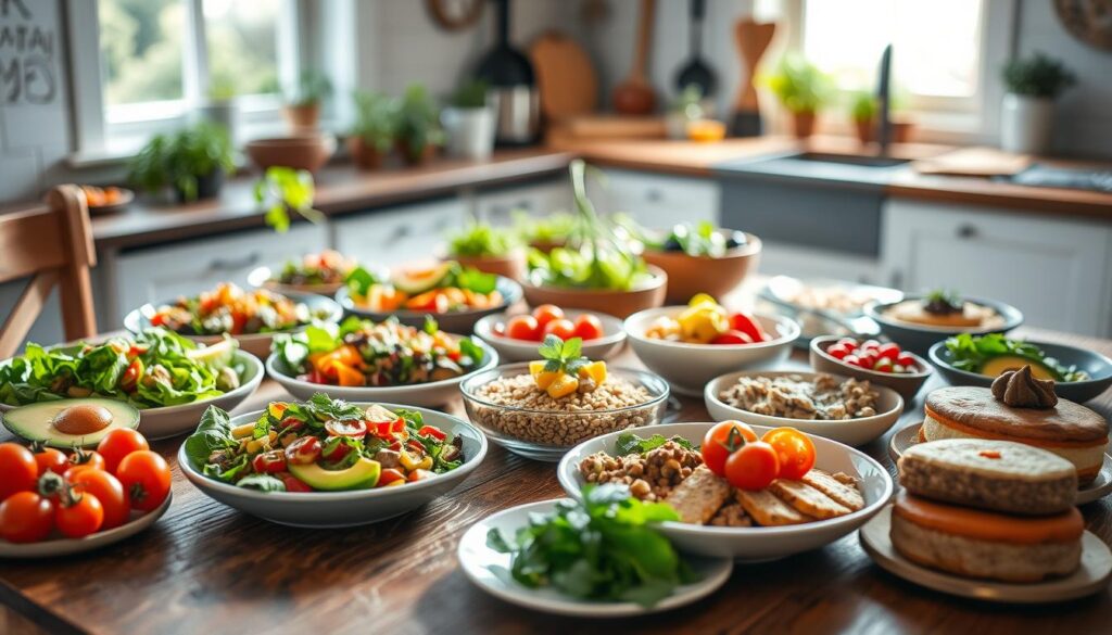 A beautifully arranged vegan meal plan spread across a rustic wooden table. In the foreground, an assortment of vibrant plant-based dishes showcases colorful salads, hearty grain bowls, and delightful desserts. Fresh ingredients like avocados, cherry tomatoes, and herbs are artfully presented. In the middle ground, a sunlit kitchen setting adds warmth, with potted herbs and cooking utensils subtly placed. The background features soft light filtering through a window, casting gentle shadows. The atmosphere is inviting and wholesome, evoking a sense of health and sustainability. A shallow depth of field creates focus on the dishes while softly blurring the kitchen elements, enhancing the overall aesthetic of a healthy vegan lifestyle.