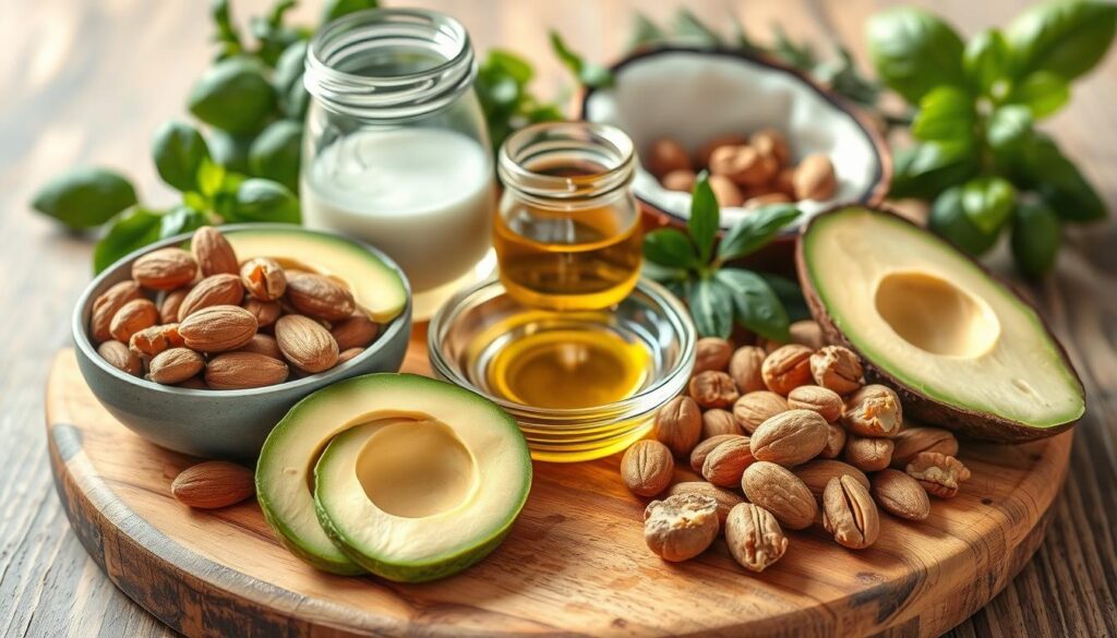 A beautifully arranged wooden board displaying an assortment of healthy fat sources suitable for a ketogenic diet. In the foreground, show slices of creamy avocado, rich in healthy monounsaturated fats, alongside a bowl of mixed nuts, including almonds and walnuts. In the middle, include a glass jar of organic coconut oil and a small dish of olive oil, artistically drizzled. The background should feature fresh herbs like basil and rosemary, adding a touch of green. Use soft, natural lighting to create a warm and inviting atmosphere, emphasizing textures like the creamy avocado and glossy oils. The perspective should be slightly elevated to capture all elements cohesively, evoking a sense of health and vitality.