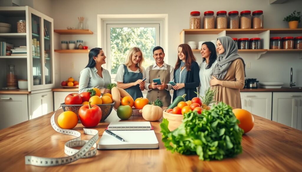 A bright and inviting kitchen setting in the foreground, featuring a wooden table filled with colorful fruits and vegetables, symbolizing healthy eating. A measuring tape and a notebook with a pen sit nearby, suggesting planning and tracking progress on a diet. In the middle ground, a diverse group of four individuals, dressed in professional, modest clothing, are gathered around the table, engaged in a casual discussion about meal preparation. Soft, natural light streams in through a window, creating a warm and welcoming atmosphere. In the background, shelves filled with cookbooks and jars of healthy grains add depth and context to the scene. The overall mood is friendly and motivational, encouraging viewers to take the first step towards a healthier lifestyle.