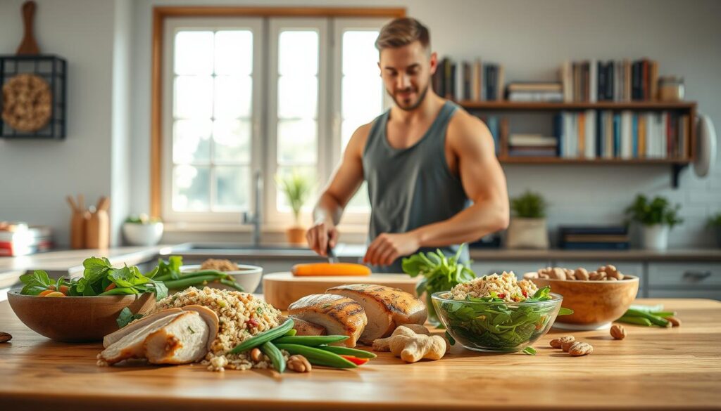 A bright and inviting kitchen setting lit by natural sunlight pouring through large windows. In the foreground, a wooden table displays an array of high-protein foods: lean grilled chicken, vibrant quinoa salad, fresh green beans, and a bowl of mixed nuts. The middle ground features a fit individual in modest casual clothing, confidently preparing a protein-rich meal, showcasing healthy cooking practices. In the background, shelves filled with cookbooks highlight the importance of nutrition and meal planning. The atmosphere is one of energy and vitality, emphasizing the benefits of a high-protein diet for health and muscle development. Soft focus on the background creates depth, while keeping the main subjects sharp and detailed, inviting viewers to embrace a healthy lifestyle. A bright and inviting kitchen setting lit by natural sunlight pouring through large windows. In the foreground, a wooden table displays an array of high-protein foods: lean grilled chicken, vibrant quinoa salad, fresh green beans, and a bowl of mixed nuts. The middle ground features a fit individual in modest casual clothing, confidently preparing a protein-rich meal, showcasing healthy cooking practices. In the background, shelves filled with cookbooks highlight the importance of nutrition and meal planning. The atmosphere is one of energy and vitality, emphasizing the benefits of a high-protein diet for health and muscle development. Soft focus on the background creates depth, while keeping the main subjects sharp and detailed, inviting viewers to embrace a healthy lifestyle.