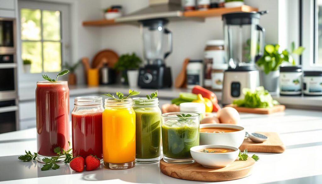 A bright, inviting kitchen scene showcasing a variety of liquid diet products. In the foreground, there are colorful smoothies in clear glass jars, a vibrant green juice, and a bowl of hearty soup, all garnished with fresh herbs. Next to the jars, a neatly arranged collection of supplements and protein powders adds depth. The middle ground features a modern countertop with a high-speed blender and a cutting board with fresh fruits and vegetables, hinting at their potential use. In the background, natural light floods through a window, illuminating the workspace and creating a warm, healthy atmosphere. The overall mood is fresh and vibrant, evoking a sense of nourishment and vitality, perfect for those exploring liquid diets.