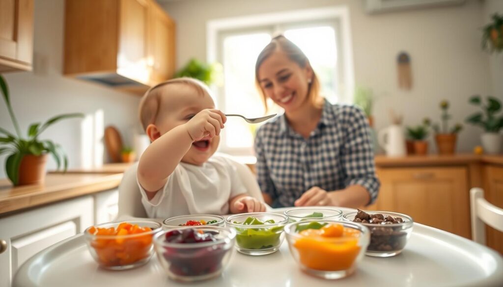 A bright, inviting kitchen setting, filled with soft natural light streaming through a window. In the foreground, a high chair is positioned with a baby eagerly reaching for a colorful array of pureed fruits and vegetables. There are small bowls of different purees, showcasing vibrant colors like orange carrots, green peas, and purple sweet potatoes. In the middle ground, a parent gently introduces a spoonful of food to the baby, both expressing excitement and curiosity. The background features a cozy kitchen with wooden cabinets and potted plants, enhancing the warm, nurturing atmosphere. The angle is slightly elevated to capture both the baby and the parent, creating an intimate moment of discovery and joy in introducing new flavors. The overall mood is cheerful and educational, highlighting the importance of expanding a child's palate.