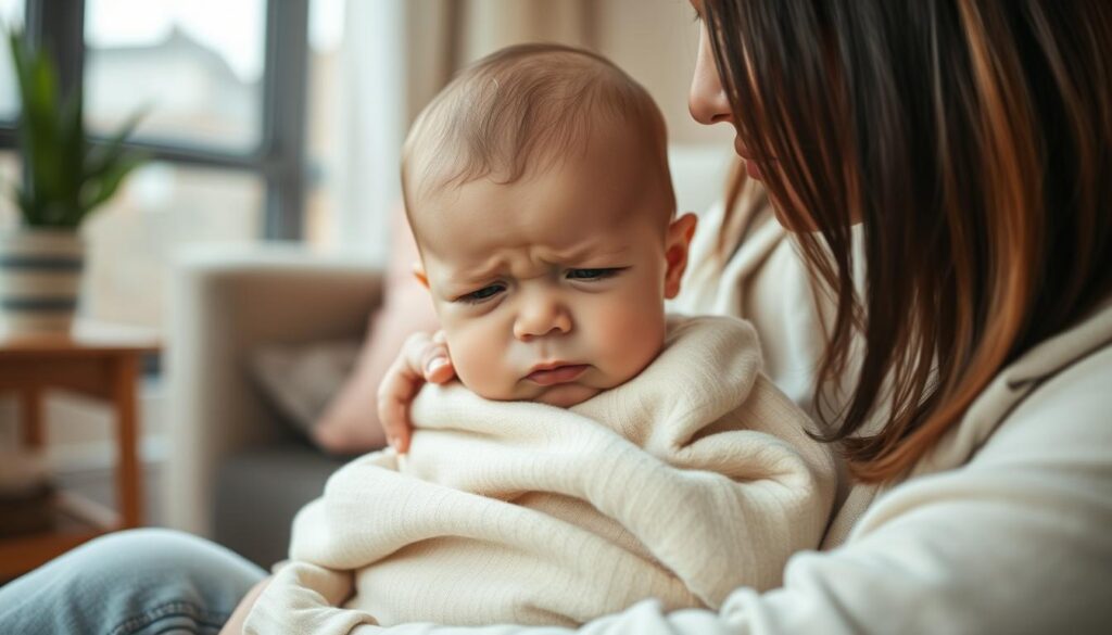A close-up view of a concerned parent gently holding a fussy infant, sitting in a cozy, softly lit living room. The baby, wrapped in a light-colored blanket, shows signs of discomfort, with scrunched eyebrows and a slightly open mouth, suggesting a wave of discomfort. Around them, faint images of common food allergens like dairy, gluten, and nuts are subtly incorporated in the blurred background, symbolizing food intolerance. A warm, comforting atmosphere is created through the use of soft pastel colors and natural light filtering in through a nearby window. The parent, wearing modest casual clothing, looks thoughtfully at the baby, reflecting a mood of empathy and concern. The scene captures the emotional connection and the seriousness of food intolerance symptoms in infants.