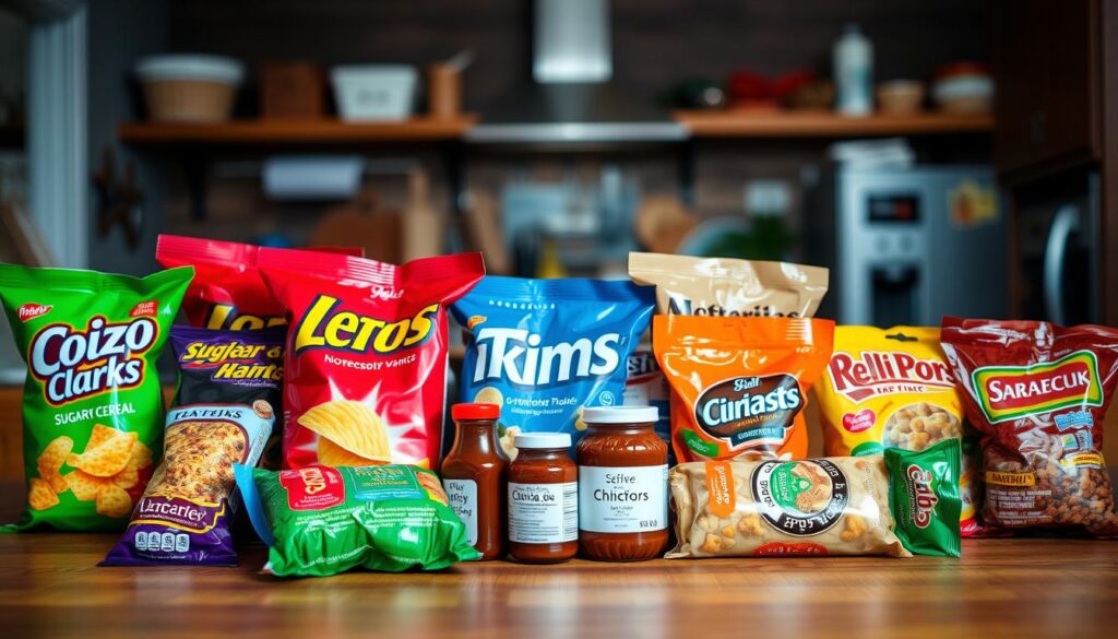 A close-up view of a variety of highly processed foods unsuitable for a ketogenic diet, displayed on a wooden table. The foreground highlights colorful packages of snacks like chips, sugary cereals, and instant meals, showcasing their bright packaging. In the middle ground, include a few unhealthy condiments like ketchup and barbecue sauce in jars. The background features a blurred kitchen setting, emphasizing a cozy, yet cluttered atmosphere with dim, warm lighting that suggests a homely vibe. The composition should evoke a sense of caution, illustrating the risks of consuming these high-carb, processed items while following a keto diet, without any people present. The overall mood should be informative yet engaging.