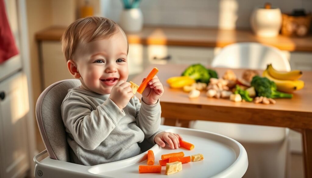 A colorful kitchen setting showcasing the "metody BLW" (Baby-Led Weaning) concept. In the foreground, a high chair occupied by a happy, cute baby dressed in a modest, casual outfit, grasping pieces of soft, healthy food like avocado slices and steamed carrot sticks. The middle layer features a wooden table filled with a variety of appealing, finger-friendly foods such as banana chunks, steamed broccoli florets, and small pieces of chicken, strategically arranged to emphasize exploration and choice. The background includes soft, ambient lighting filtering through a window, casting gentle shadows that enhance the warmth of the scene. The overall atmosphere is joyful and nurturing, celebrating the adventure of introducing solids to a baby's diet, with a focus on healthy eating and self-feeding.