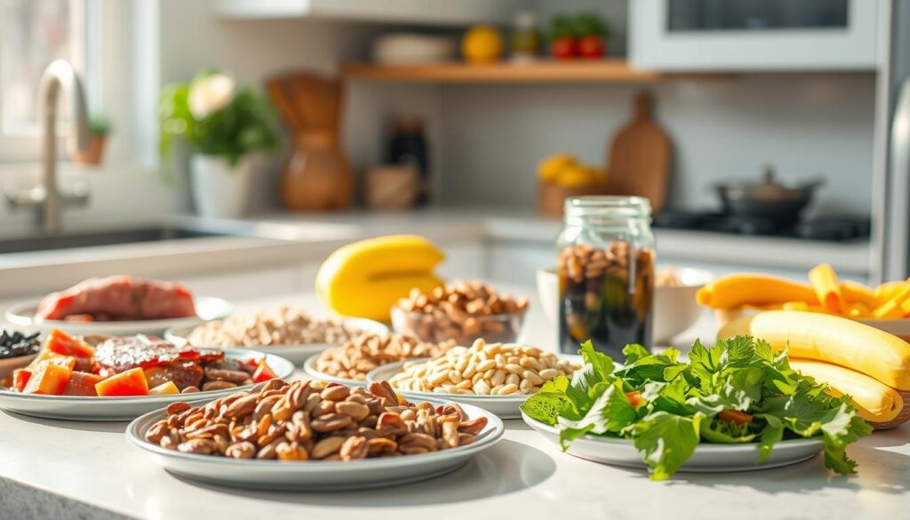A colorful, well-organized kitchen countertop featuring a variety of foods that are not allowed before a colonoscopy. In the foreground, several plates displaying items like red meats, whole grains, nuts, seeds, and fibrous fruits and vegetables. The middle ground includes a glass jar filled with dark-colored liquids and a bowl of beans, symbolizing foods to avoid. The background shows a soft, warm kitchen setting with sunlight streaming through a window, creating a welcoming ambiance. The scene conveys a sense of caution and health awareness. The lighting is bright and cheerful, emphasizing the vibrant colors of the food while keeping the focus clear and sharp, like a close-up shot taken with a 50mm lens.