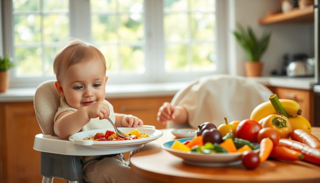 A cozy and inviting kitchen scene, featuring a high chair with a happy infant curiously engaging with a plate of colorful, pureed foods. In the foreground, the baby, wearing a modest bib, shows excitement while reaching for a spoon. The middle ground includes a wooden table filled with various fresh fruits and vegetables, signifying the process of dietary expansion for infants. The background showcases bright, natural light streaming through a window, creating a warm and nurturing atmosphere. Soft-focus greenery outside adds a touch of vitality. The overall mood is cheerful and educational, highlighting the joyful journey of introducing solid foods to a baby's diet, captured from a slightly elevated angle for a clear view.
