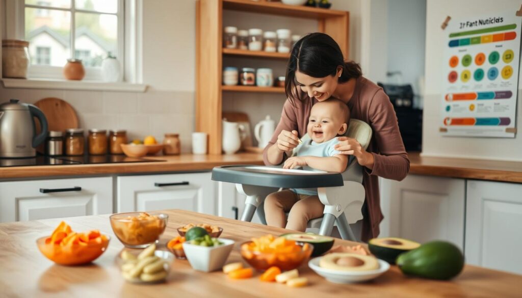 A cozy and inviting kitchen setting with soft, warm lighting. In the foreground, a wooden table adorned with various colorful and nutritious baby foods such as pureed carrots, mashed bananas, and small portions of soft avocado. In the middle, a caring parent, dressed in modest casual clothing, is gently feeding a delighted infant in a high chair. The baby is smiling and reaching for the food, encapsulating the joy of this important milestone. In the background, shelves display baby bottles, jars of baby food, and a colorful chart illustrating key infant feeding milestones. The overall mood is nurturing and educational, emphasizing the importance of proper infant nutrition in a safe and warm environment.