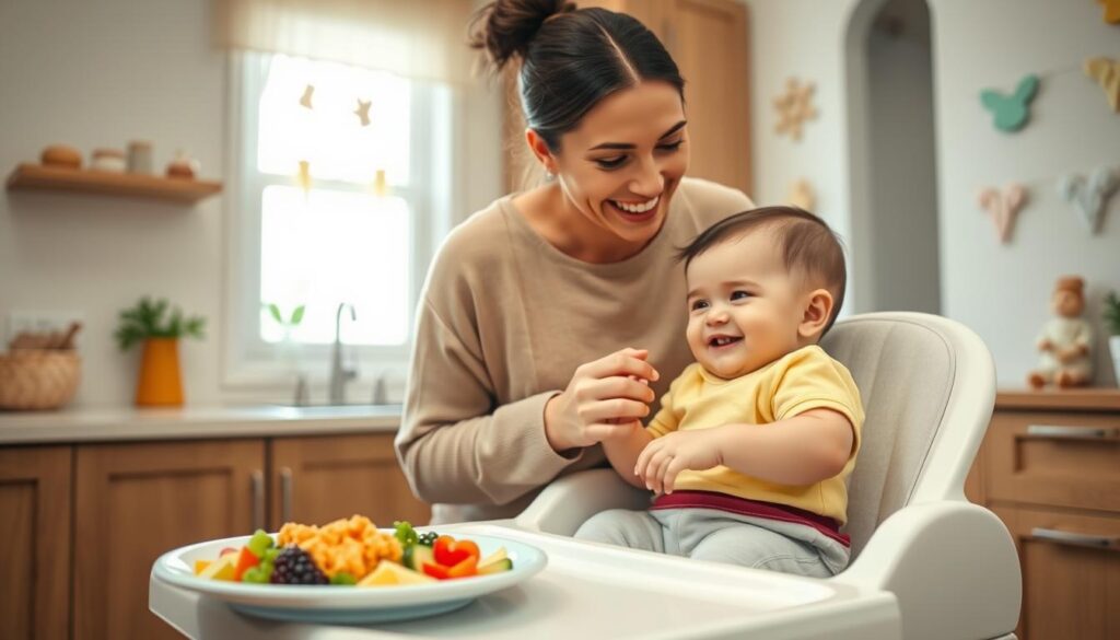 A cozy and serene kitchen setting featuring a modern high chair where an attentive parent interacts with their smiling infant during mealtime. The foreground showcases a colorful plate of mashed fruits and vegetables, emphasizing the theme of introducing solid foods. In the middle ground, the parent, dressed in comfortable, modest casual clothing, looks joyfully at the baby, demonstrating the bonding experience of feeding. Natural light filters through a nearby window, casting a warm glow on the scene, highlighting the gentle expressions on both faces. In the background, soft pastel-colored walls adorned with baby-themed decorations create a nurturing atmosphere, inviting viewers to feel the warmth and positivity of this developmental milestone. The overall mood is joyful, loving, and informative, perfectly illustrating the theme of starting a baby's dietary expansion.
