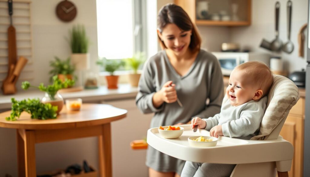 A cozy family kitchen scene featuring a mother gently introducing solid foods to her infant. In the foreground, a highchair with a smiling baby, seated and ready to taste. A small wooden table is filled with colorful, fresh fruits like mashed bananas and steamed carrots in baby-safe bowls, and a spoon ready for use. In the middle, a caring mother in comfortable, modest attire engages warmly with her baby, showing excitement. In the background, soft natural light streams through a window, illuminating potted herbs and kitchen utensils, creating a warm and inviting atmosphere. The mood is nurturing and cheerful, highlighting the important moment of introducing first foods to a baby's diet, with a focus on healthy options.