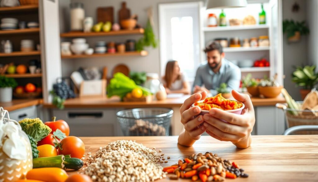 A cozy kitchen scene illustrates the beginning of a dietary expansion journey. In the foreground, a diverse array of healthy foods, including colorful fruits, vegetables, grains, and legumes, is neatly arranged on a wooden countertop, inviting and bright. A close-up view highlights a pair of hands gently holding a small bowl of pureed vegetables, symbolizing the introduction of new flavors. The middle ground features a cheerful family seated at a kitchen table, dressed in casual but tidy clothing, engaged in a lively discussion about meal options. Soft, natural light streams in through a window, creating a warm and welcoming atmosphere. In the background, a well-organized pantry showcases a variety of healthy ingredients, inspiring a sense of adventure in expanding one's diet.