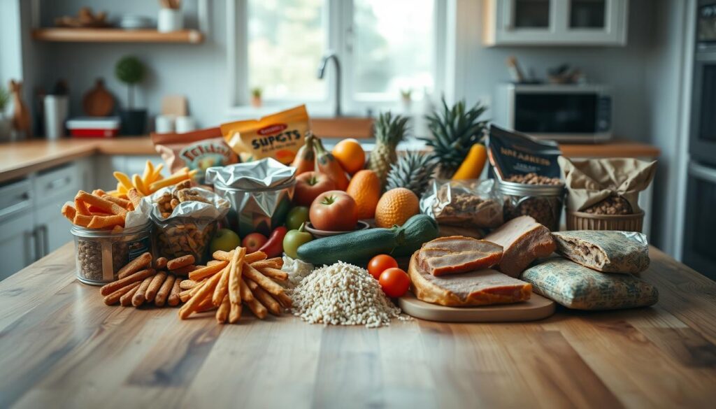 A detailed arrangement of inflammatory foods, designed to educate the viewer. In the foreground, a wooden table displays various items known to increase inflammation: deep-fried foods, sugary snacks, processed meat, and refined grains artfully arranged. In the middle, vibrant fruits and vegetables provide a stark contrast, hinting at healthier options. The background features a soft-focus kitchen setting, bathed in natural light, creating a warm, inviting atmosphere. The camera angle captures the setup from slightly above, emphasizing the contrast between the inflammatory products and the fresh produce. The mood is informative yet visually striking, inviting viewers to reflect on their food choices.