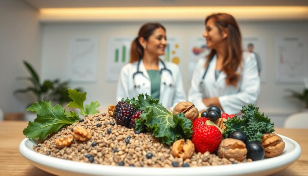 A detailed depiction of the autoimmune condition Hashimoto's disease. In the foreground, a healthy, diverse plate of fresh foods including blue barley, leafy kale, walnuts, and berries is artistically arranged, symbolizing a nutritious thyroid-supporting diet. The middle ground features a caring and professional healthcare provider, a Middle-Eastern woman in a white coat, discussing health with a middle-aged Hispanic woman dressed casually, both radiating positive energy and understanding. In the background, a serene clinic environment with warm lighting, soft natural hues, and charts illustrating thyroid health. The atmosphere is calm, focused, and informative, conveying a sense of hope and wellness associated with managing Hashimoto's disease.