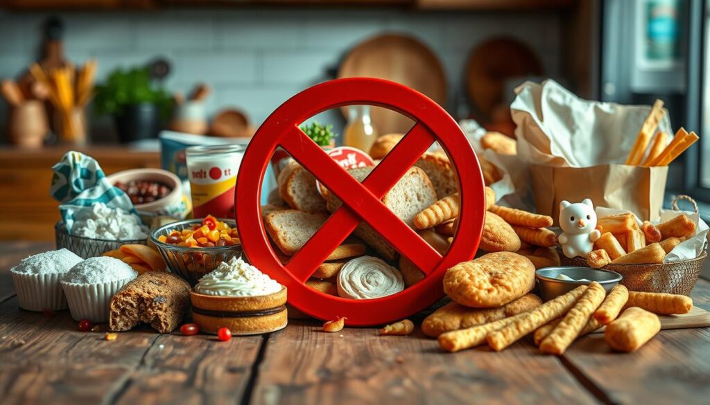 A detailed display of foods to avoid on an insulin diet, featuring a vibrant array of prohibited items like sugary desserts, processed snacks, white bread, and fried foods, artistically arranged on a rustic wooden table. The foreground focuses on the contrast between each food item, showcasing their textures and colors, illuminated by soft, natural lighting to create a warm and inviting atmosphere. In the background, blurred kitchen elements hint at a homey setting, enhancing the sense of dietary choices in a domestic context. The composition is shot from a slightly elevated angle, giving a clear overview of the unhealthy foods while maintaining an appealing aesthetic without any text or overlays.