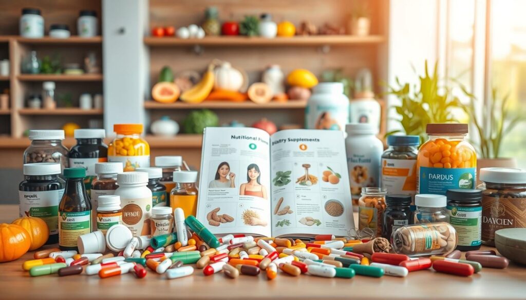 A modern, well-organized display of various dietary supplements, focusing on different types such as vitamins, minerals, herbs, and protein powders. In the foreground, feature an assortment of colorful bottles and capsules arranged artfully on a sleek wooden table. In the middle, highlight an open nutritional guide or pamphlet with illustrations of the supplements' benefits. In the background, softly blurred images of a healthy lifestyle setting, like fresh fruits and greenery, create a vibrant atmosphere. Use bright, natural lighting to enhance the colors of the products, simulating a warm, inviting mood. The angle is slightly above, capturing the layout neatly while keeping the focus on the supplements themselves. Ensure the scene conveys an informative and educational tone, perfect for illustrating the variety of dietary supplements.