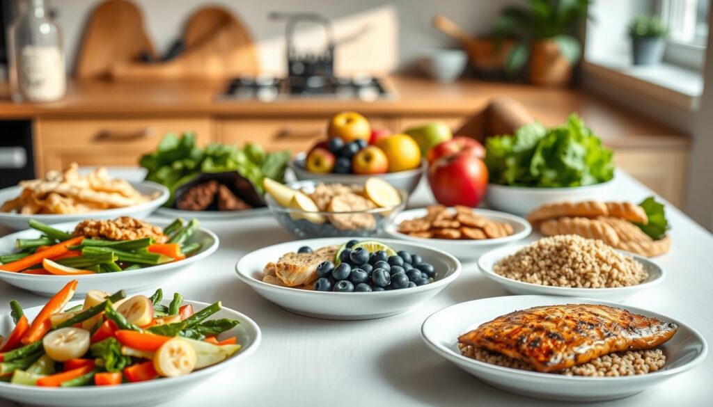 A neatly arranged table setting showcasing a variety of healthy foods suitable for a pancreas-friendly diet. In the foreground, there are colorful dishes filled with steamed vegetables, lean proteins such as grilled chicken and fish, and whole grains like quinoa and brown rice, all artistically presented. In the middle, a bowl of fresh fruits like blueberries, apples, and pears adds a vibrant touch. The background features a softly blurred kitchen environment, enhancing the homely vibe. Natural lighting streams through a window, casting gentle shadows and highlighting the textures of the food. The mood is calm and inviting, ideal for promoting health and wellness. No text, watermarks, or people are included in the image.