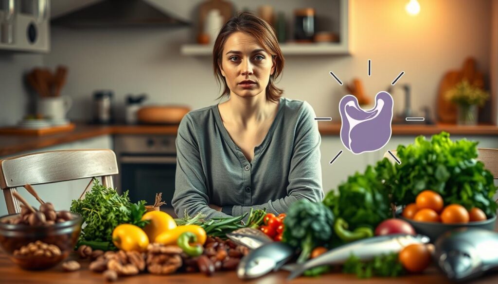 A serene and informative scene depicting the symptoms of Hashimoto's disease. In the foreground, a thoughtful woman in modest casual clothing is seated at a table cluttered with various healthy foods like leafy greens, nuts, and fish, symbolizing dietary support for thyroid health. Her expression reflects concern and contemplation about her health. In the middle ground, a gentle illustration of the thyroid gland can be integrated, perhaps stylized with subtle graphics indicating its importance. The background features soft, warm lighting creating an inviting atmosphere, with a blurred view of a cozy kitchen, emphasizing a healthy lifestyle. The overall mood is one of awareness and empowerment in managing health through diet.