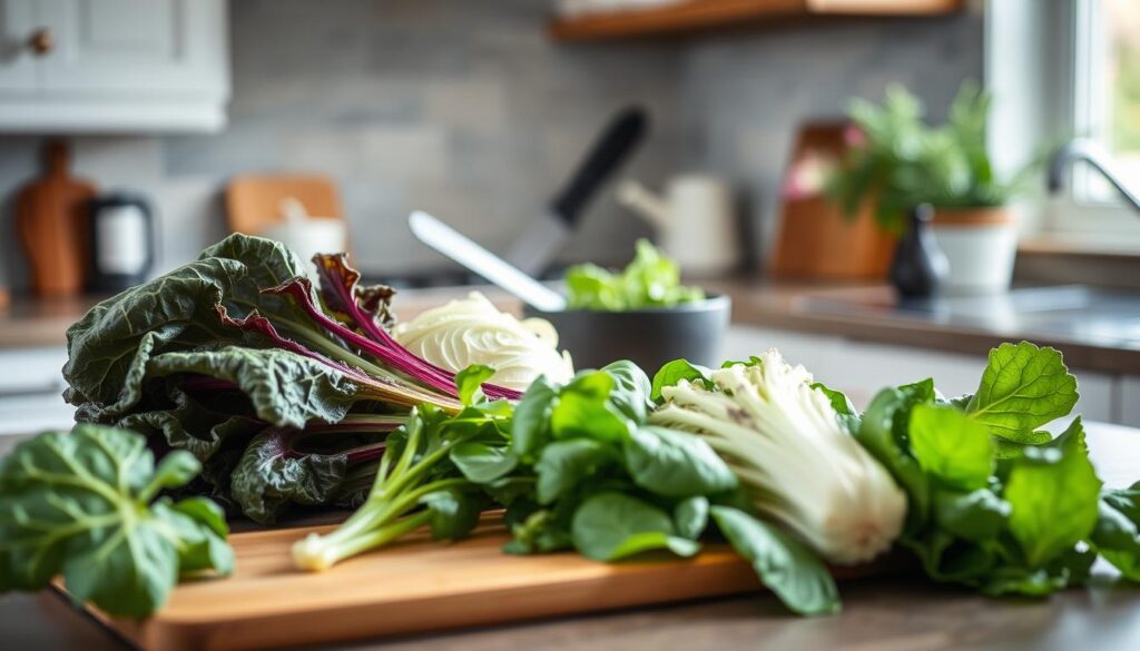 A serene kitchen countertop featuring an array of forbidden vegetables for individuals with Hashimoto's. In the foreground, prominently display a selection of raw, vibrant Swiss chard, cabbage, and spinach, all arranged artfully on a wooden cutting board. The middle layer includes a softly blurred bowl of fresh herbs and a knife, hinting at preparation. The background should showcase a softly lit kitchen with a hint of greenery visible through a nearby window, casting gentle, natural light into the scene. The mood is calm and informative, emphasizing a healthy lifestyle while underscoring the restrictions of certain vegetables. The entire composition should be pleasing to the eye, fostering a sense of awareness around dietary choices without distractions.