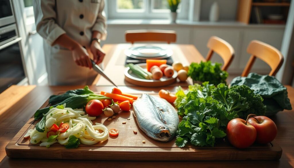 A serene kitchen setting featuring a healthy meal preparation for a pancreatic diet. In the foreground, a large wooden cutting board displays an array of fresh, light foods such as steamed vegetables, lean fish, and soft fruits. A pair of hands wearing modest, professional attire gently chop carrots. In the middle, a wooden dining table is set with a simple, elegant place setting, highlighting the focus on wholesome nutrition. The background shows bright, natural light streaming through a window, illuminating the vibrant colors of the ingredients, creating an inviting atmosphere. Soft shadows enhance the texture of the foods, while the overall mood conveys health, simplicity, and a nurturing approach to eating right.